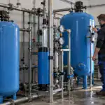 Techniker überprüft Wasseraufbereitungssystem in der Anlage.