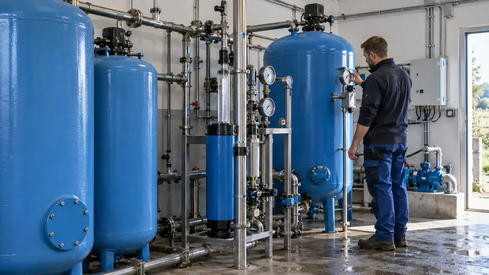 Techniker überprüft Wasseraufbereitungssystem in der Anlage.