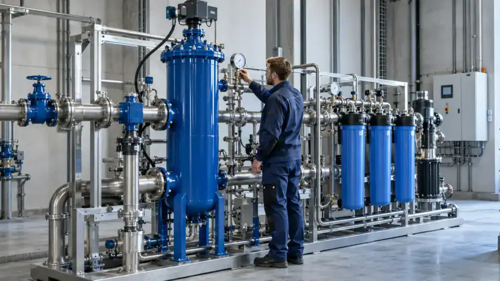 Techniker überprüft Wasseraufbereitungssystem in Industriehalle.