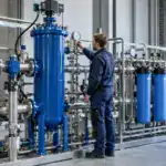 Techniker überprüft Wasseraufbereitungssystem in Industriehalle.