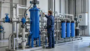 Techniker überprüft Wasseraufbereitungssystem in Industriehalle.