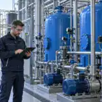 Techniker prüft Wasseraufbereitungssystem in industrieller Anlage.