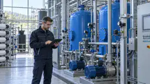 Techniker prüft Wasseraufbereitungssystem in industrieller Anlage.