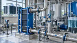 Industrielles Wasseraufbereitungssystem mit Rohrleitungen und Tanks.