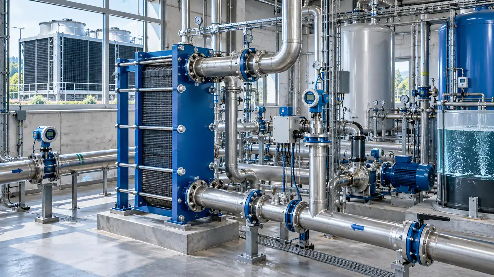 Industrielles Wasseraufbereitungssystem mit Rohrleitungen und Tanks.
