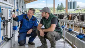 Zwei Techniker bei Wasseranalyse in der Landwirtschaft.