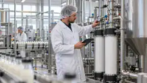Techniker überprüft Wasserqualität in der Wasseraufbereitung.
