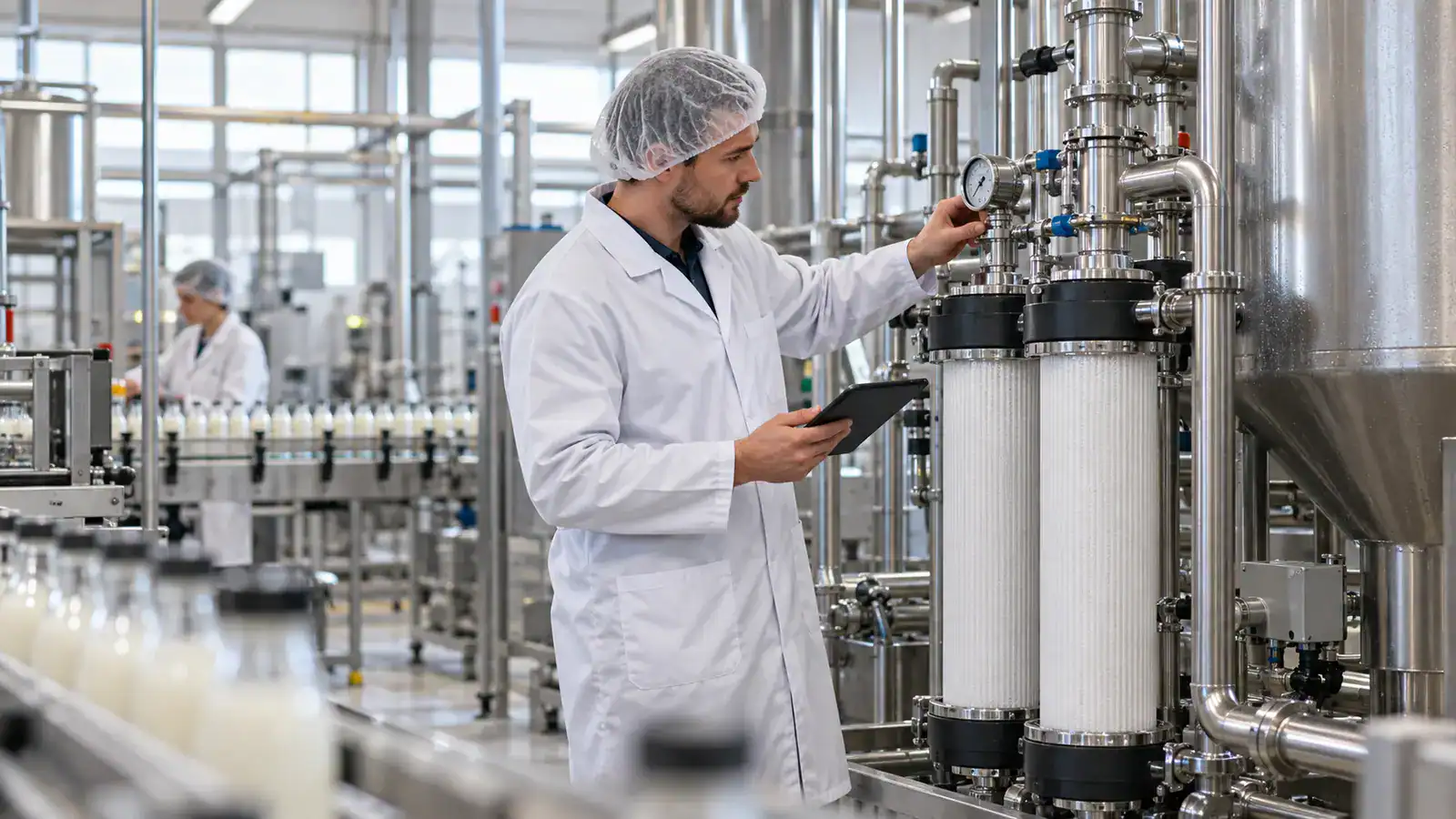 Techniker überprüft Wasserqualität in der Wasseraufbereitung.
