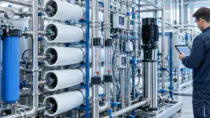 Techniker überwacht Wasseraufbereitung mit moderner Technik bei Lutrion.
