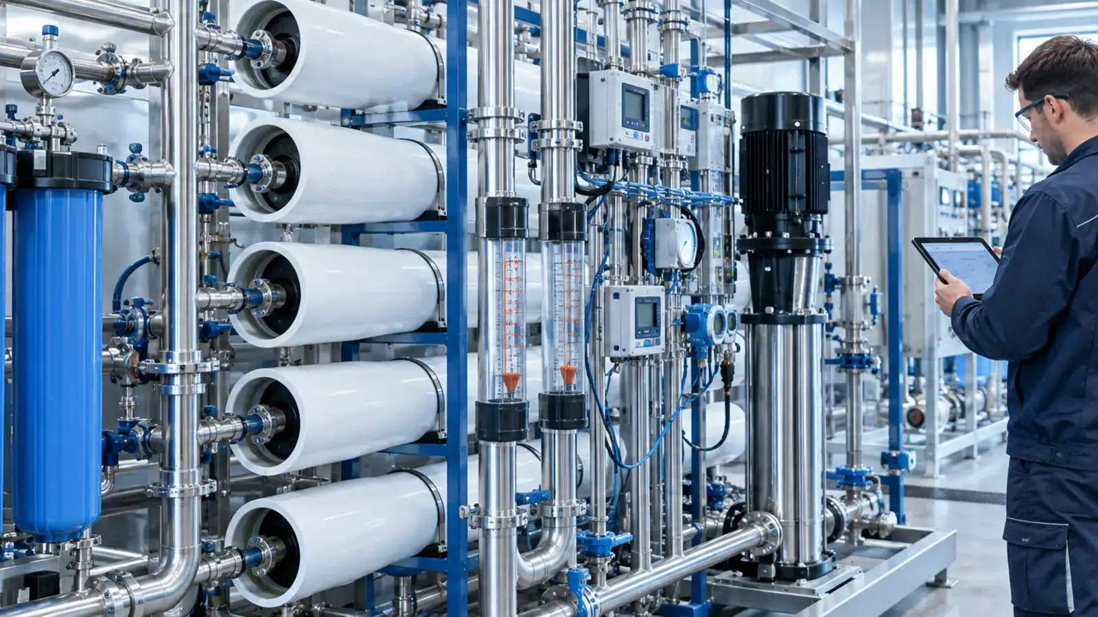 Techniker überwacht Wasseraufbereitung mit moderner Technik bei Lutrion.