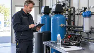 Techniker überprüft Wasseraufbereitungssystem mit Tablet.