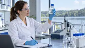 Wissenschaftlerin prüft Wasserprobe im Labor für Wasserqualität.