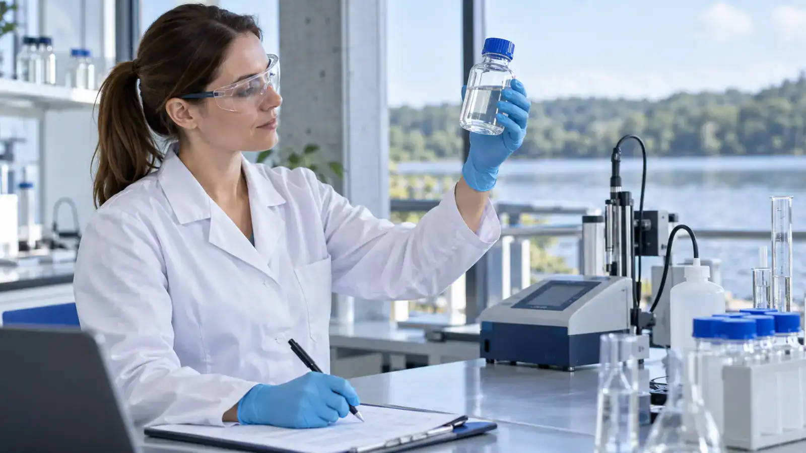 Wissenschaftlerin prüft Wasserprobe im Labor für Wasserqualität.