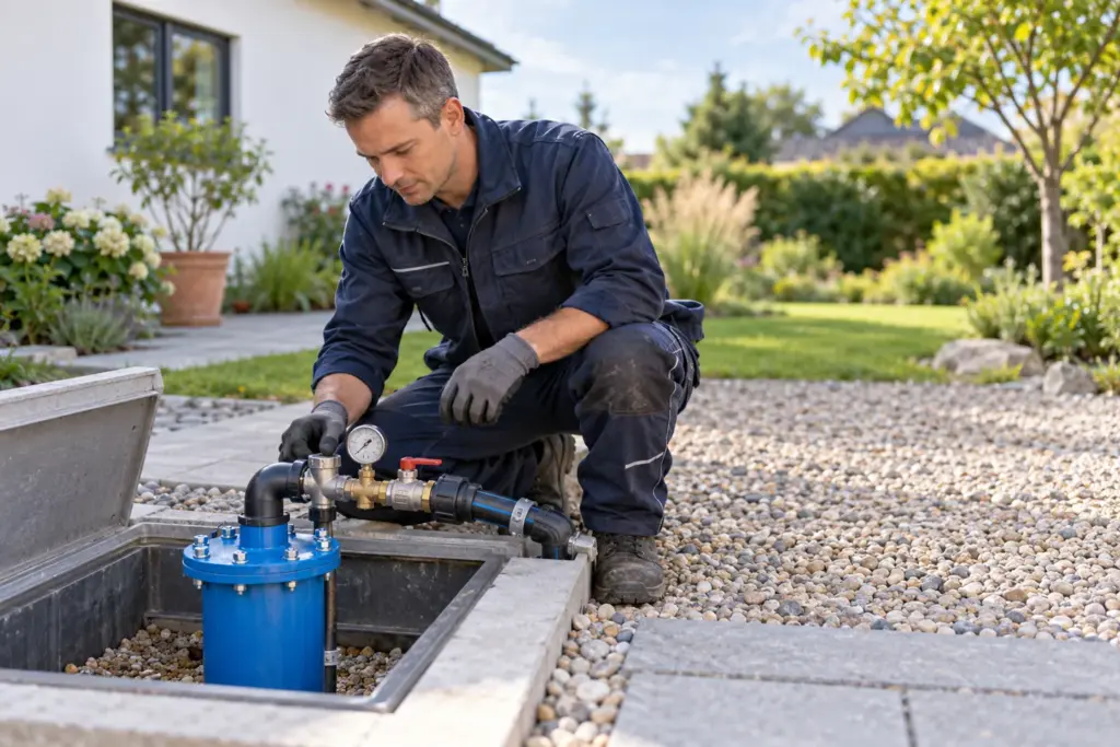 Techniker prüft Brunnenkopf, Armaturen und Druckanzeige