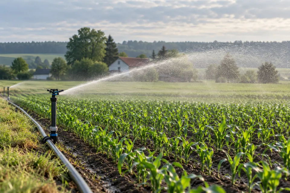 Beregnungsanlage bewässert Pflanzenreihen auf einem Feld