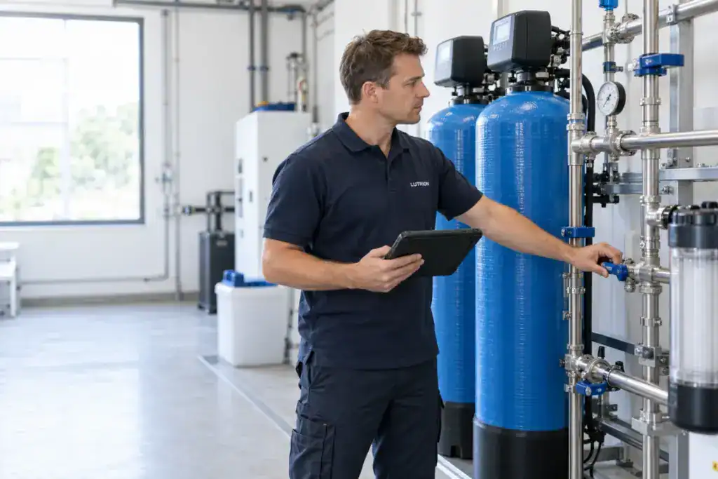 Techniker bei der Kontrolle einer Filteranlage mit Druckanzeige und Serviceventil