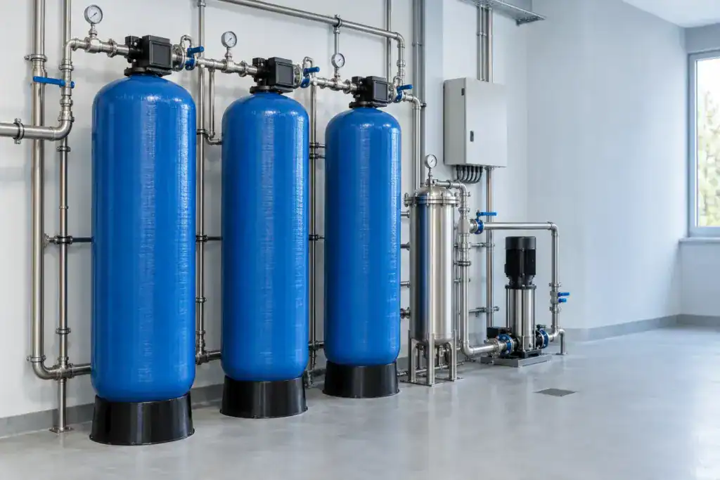 Wasseraufbereitungssystem mit blauen Filtern und Steuerungseinheit.