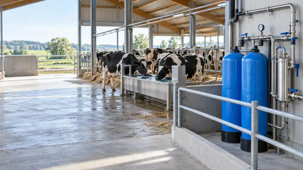Landwirtschaftliche Wasseraufbereitung mit Filteranlagen und Tieren im Stall.