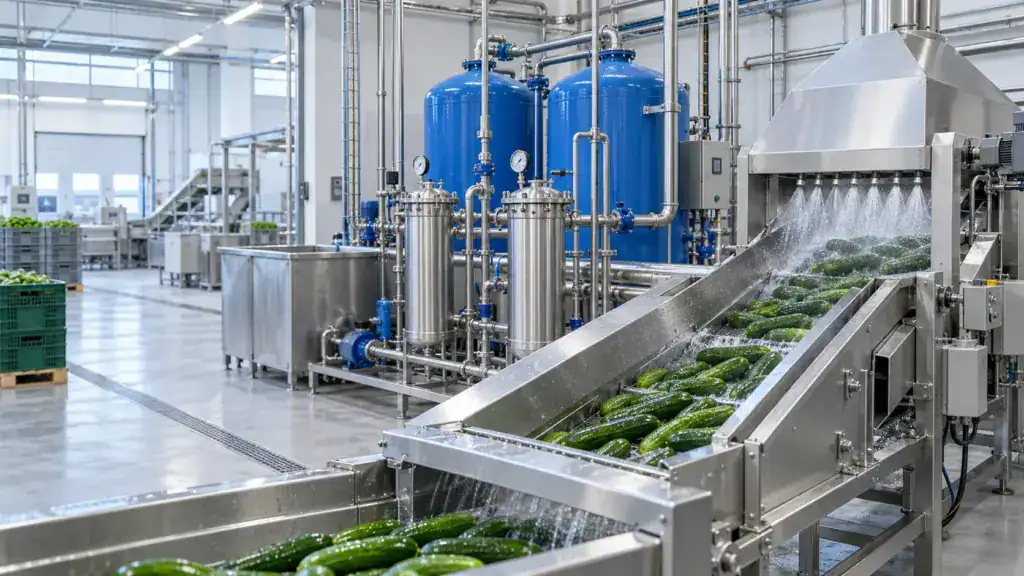 Automatisierte Wasseraufbereitung mit Gemüsegarten im Hintergrund.