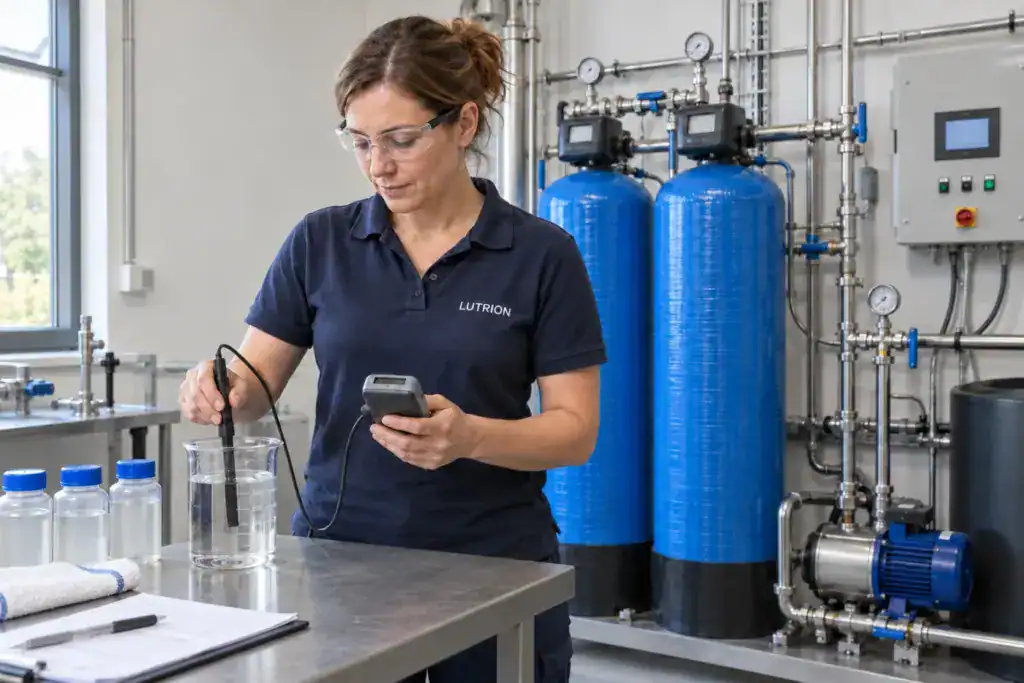 Mitarbeiterin führt Wasseranalyse mit Messgerät durch.