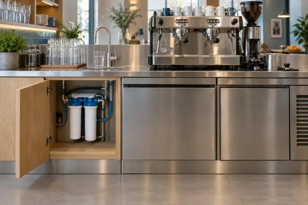 Kaffeemaschine und Trinkwasserstelle mit Filtertechnik im geöffneten Serviceschrank